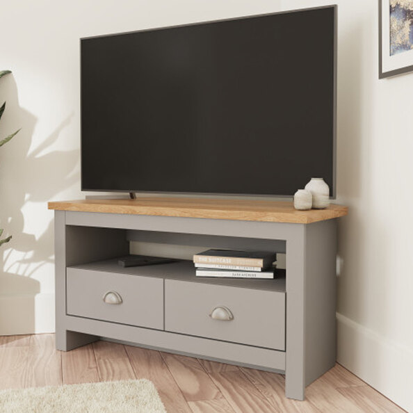 Loftus Wooden Corner TV Stand With 2 Drawers In Grey And Oak