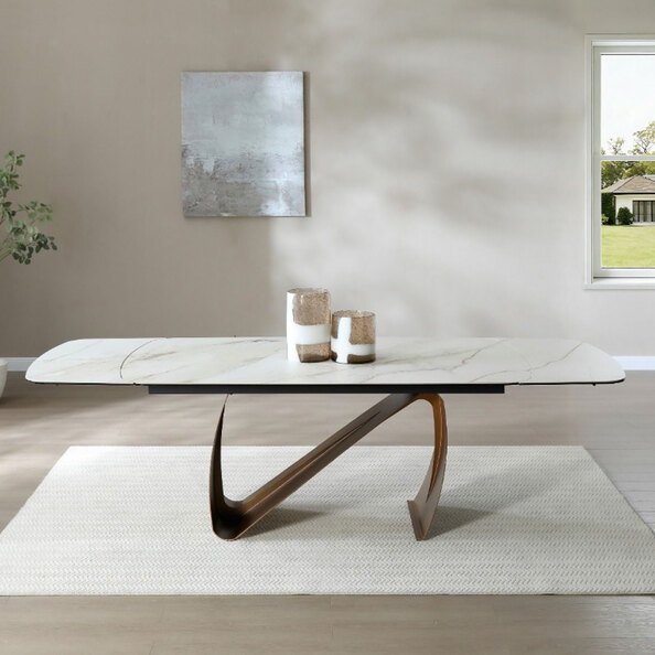 Lokko Sunset Statuario Ceramic Top Dining Table with Brushed Brass Base