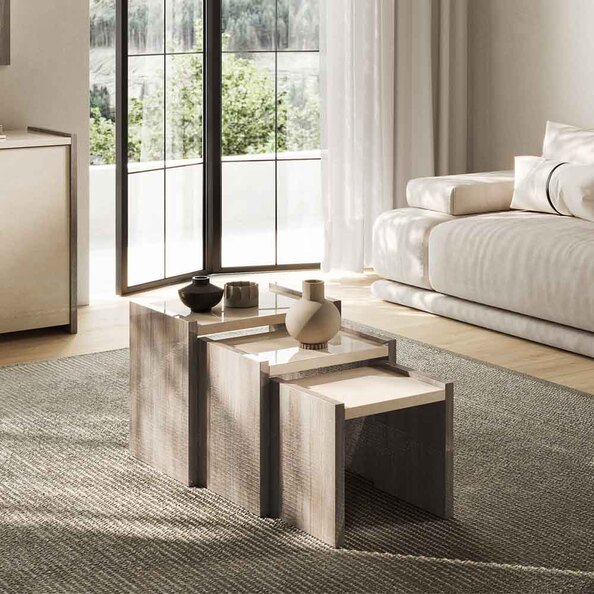 Losea High Gloss Nest of 3 Tables in Brown Marble Effect