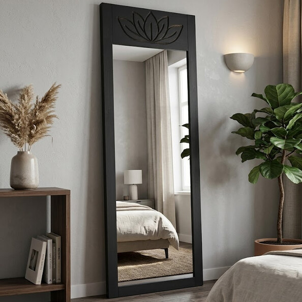 Lotus Glass Cheval Mirror with Anthracite Pine Wood Frame