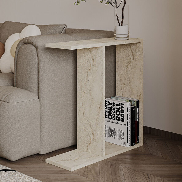Lotus Wooden Side Table in Travertine Marble Effect