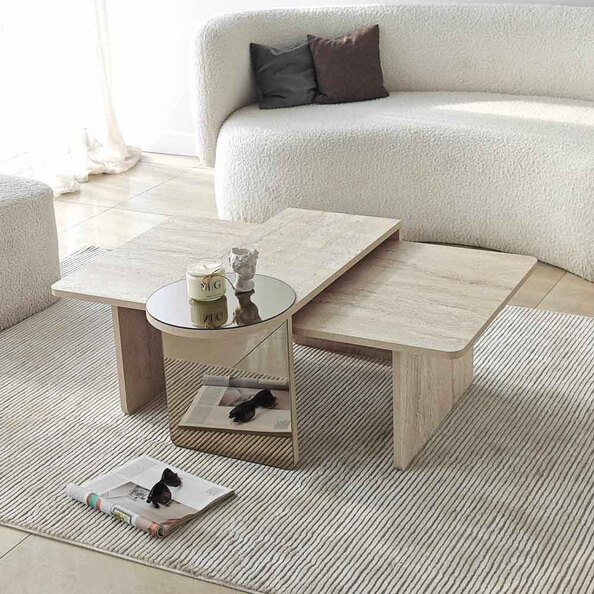 Luna Rectangular Wooden Nest of 2 Tables in Travertine Marble Effect