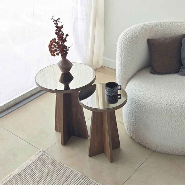 Luna Round Wooden Nest of 2 Side Tables in Bronze and Walnut