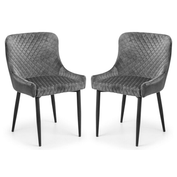 Lakia Grey Velvet Dining Chairs With Black Legs In Pair