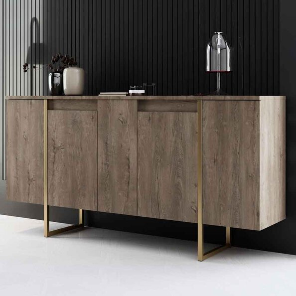 Luxe Wooden Sideboard with 4 Doors in Walnut and Gold
