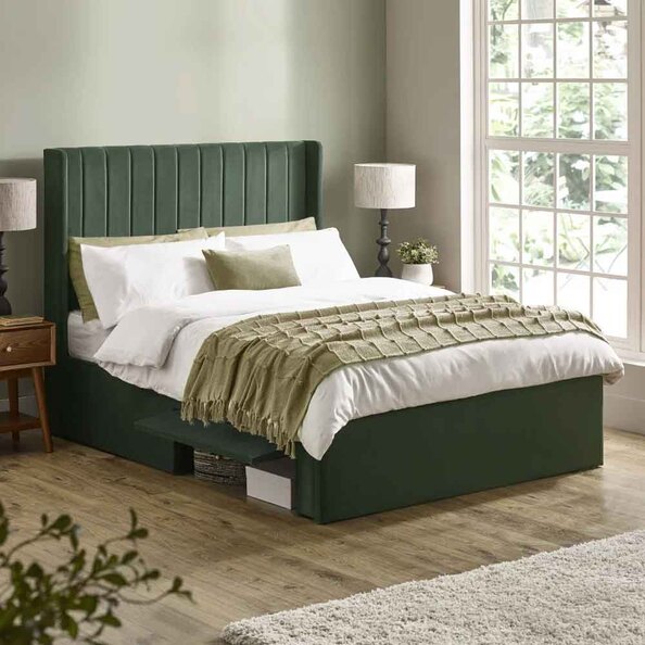 Lylis Velvet Ottoman Storage Double Bed in Bottle Green