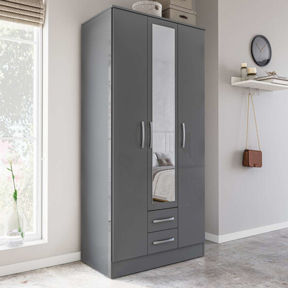 Lynn High Gloss Wardrobe With 3 Doors 2 Drawers In Grey