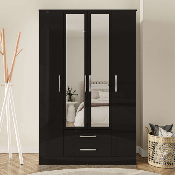 Lynn High Gloss Wardrobe With 4 Doors 2 Drawers In Black