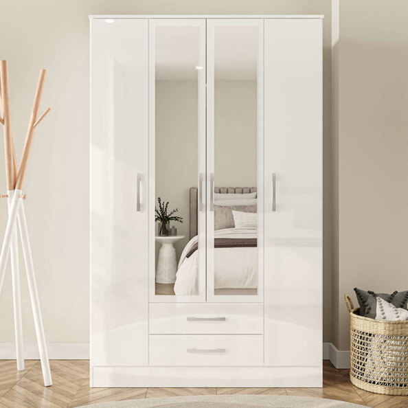 Lynn High Gloss Wardrobe With 4 Doors 2 Drawers In White