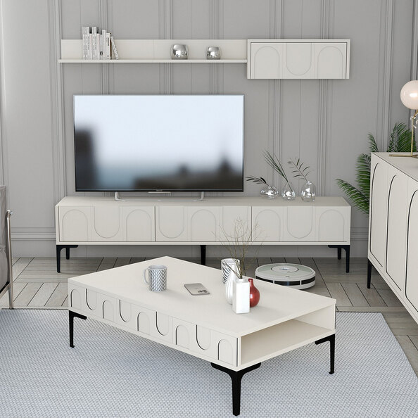 Lyon Wooden Entertainment Unit with Coffee Table Set in Cream and Black