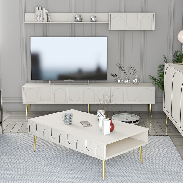 Lyon Wooden Entertainment Unit with Coffee Table Set in Cream and Gold