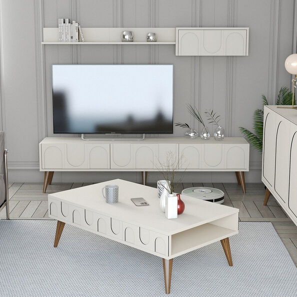 Lyon Wooden Entertainment Unit with Coffee Table Set in Cream and Walnut