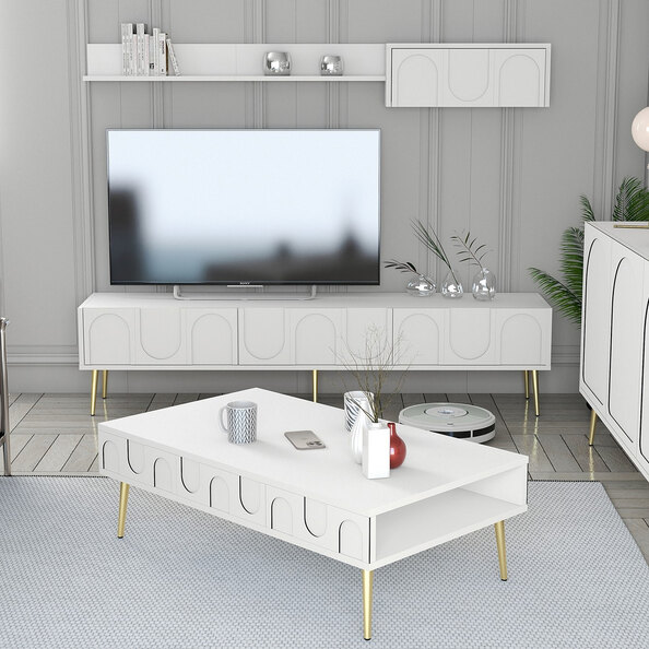 Lyon Wooden Entertainment Unit with Coffee Table Set in White and Gold