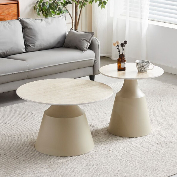 Lysen Travertine Marble Effect Sintered Stone Top Coffee Table Set with Matt Taupe Base