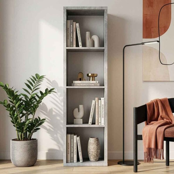 Mabon Tall Wooden Bookcase with 4 Open Storage in Concrete Grey