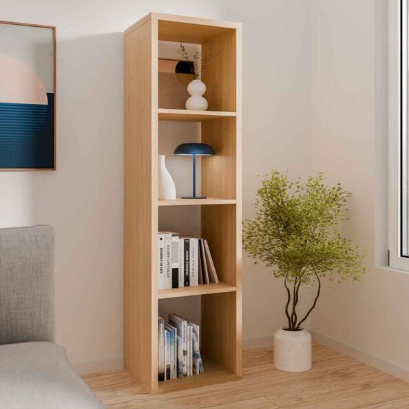 Mabon Tall Wooden Bookcase with 4 Open Storage in Elegancia Oak