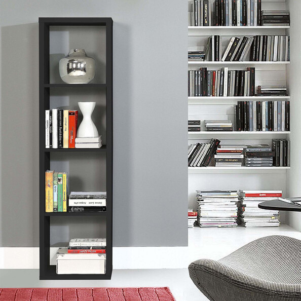 Mabon Tall Wooden Bookcase With 4 Open Storage In Matt Black