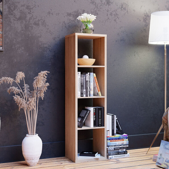 Mabon Tall Wooden Bookcase With 4 Open Storage In Sonoma Oak