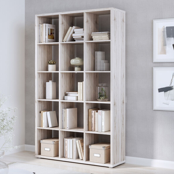 Mabon Wooden Shelving Unit With 15 Open Storage In Sand Oak