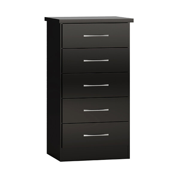 Mack Narrow Wooden Chest Of 5 Drawers With Black Gloss Front