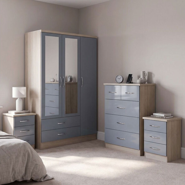 Mack Wooden Bedroom Furniture Set with 3 Doors in Grey Gloss