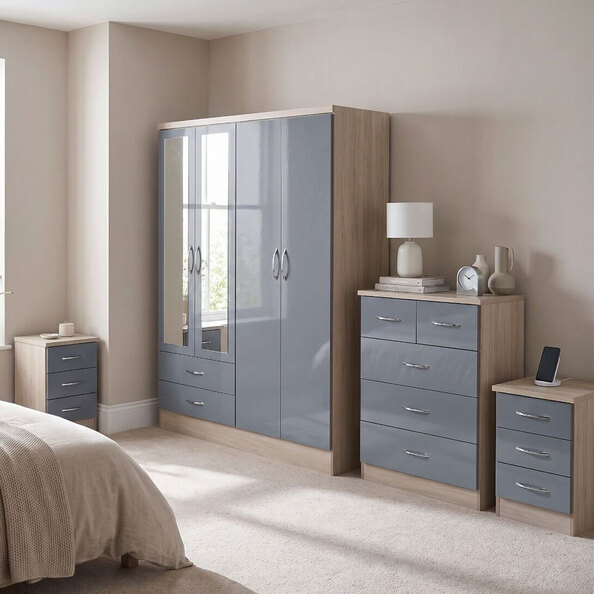Mack Wooden Bedroom Furniture Set with 4 Doors in Grey Gloss and Light Oak