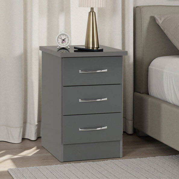 Mack Wooden Bedside Cabinet with 3 Drawers in Grey Gloss