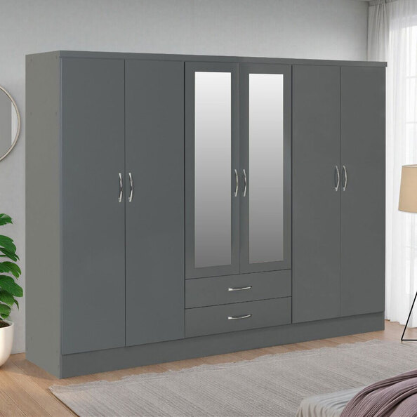 Mack Wooden Wardrobe with 6 Doors in Grey Gloss