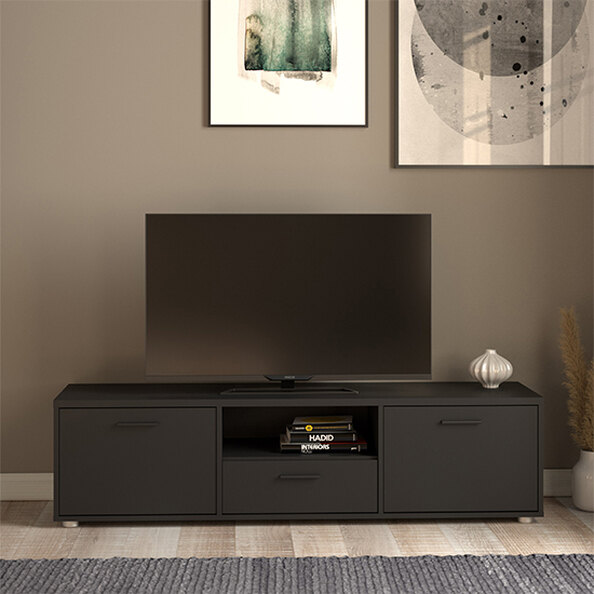 Macomb Small Wooden TV Stand With 2 Doors 1 Drawer In Black