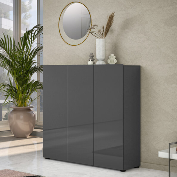 Maestro High Gloss Shoe Cabinet 3 Doors 10 Shelves In Anthracite