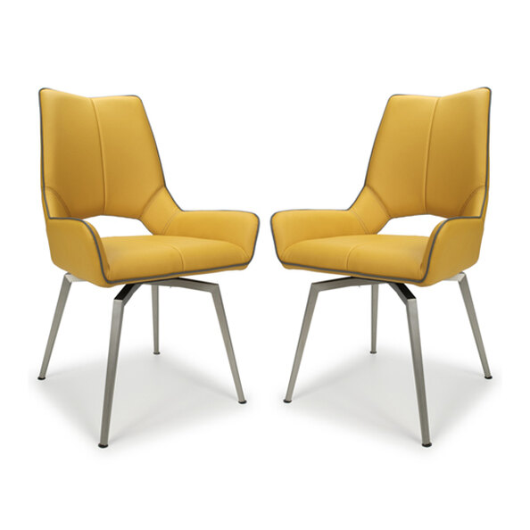 Mosul Yellow Leather Dining Chairs With Steel Legs In Pair