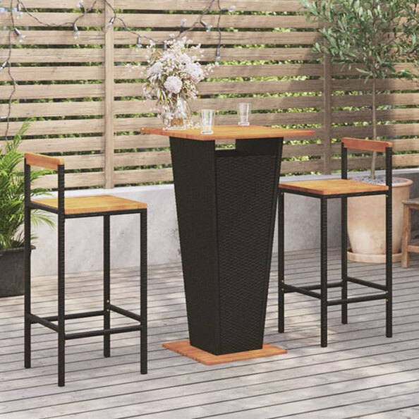 Malka Solid Wood 3 Piece Garden Bar Set In Black Poly Rattan