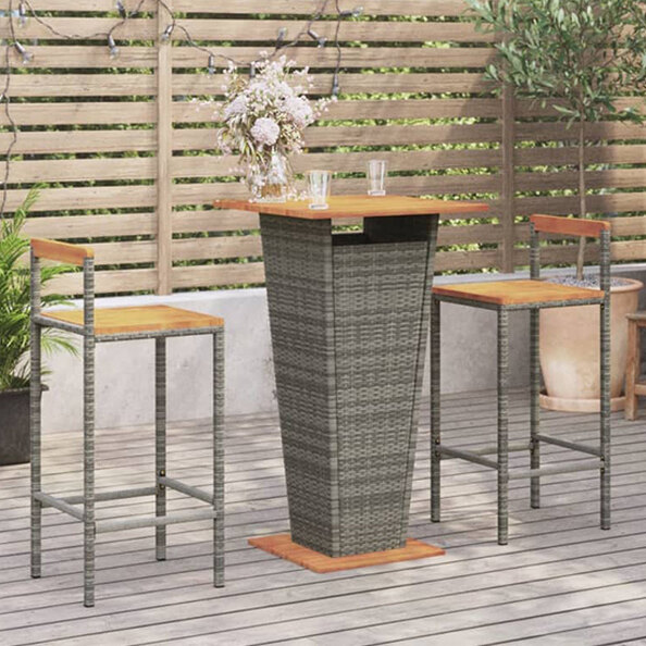 Malka Solid Wood 3 Piece Garden Bar Set In Grey Poly Rattan