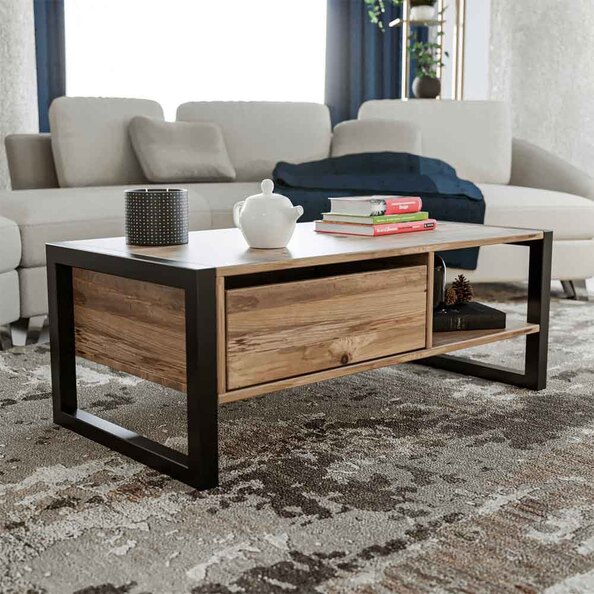 Marbella Wooden Coffee Table with 1 Drawer in Atlantic Pine and Black