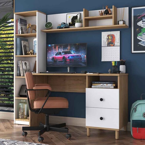 Marbella Wooden Computer Desk with Bookcase 2 Drawers in White and Walnut