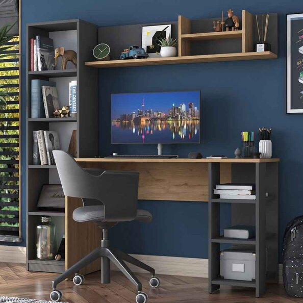 Marbella Wooden Computer Desk with Bookcase and Shelves in Anthracite Walnut