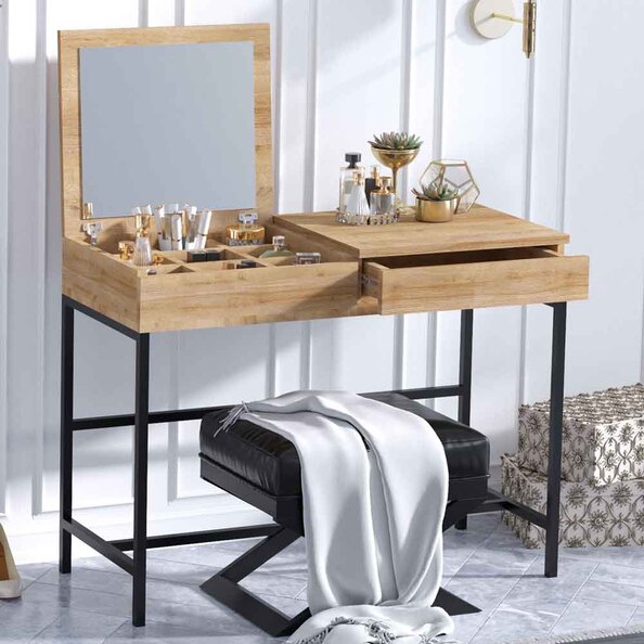 Marbella Wooden Dressing Table with Mirror and Metal Frame in Oak