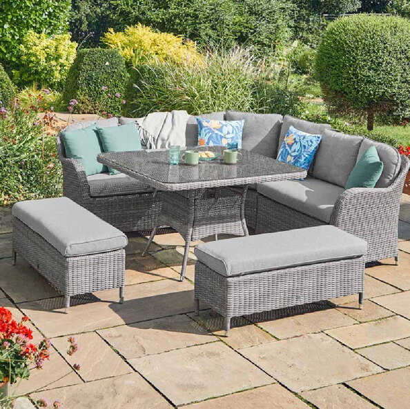 Marfa Glass Top Garden Dining Set With Cushions In Stone