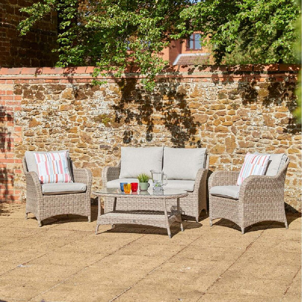 Marfa Glass Top Garden Lounge Sofa Set With Coffee Table In Sand