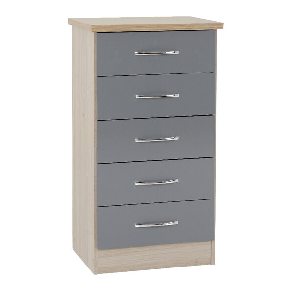 Mack Wooden Chest Of 5 Drawers With Grey Gloss Front In Oak