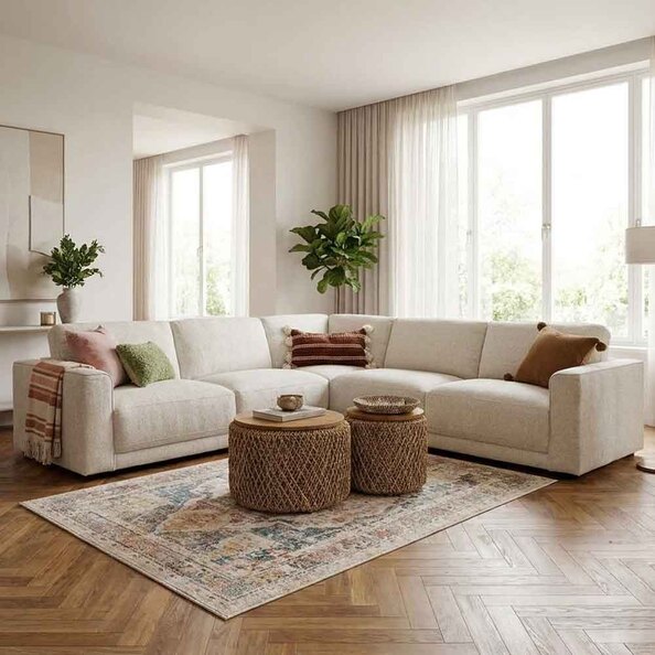 Marqen Fabric Corner Sofa in Light Beige