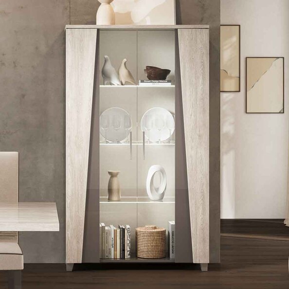 Marvix Grey High Gloss Display Cabinet with LED Lighting and 2 Doors