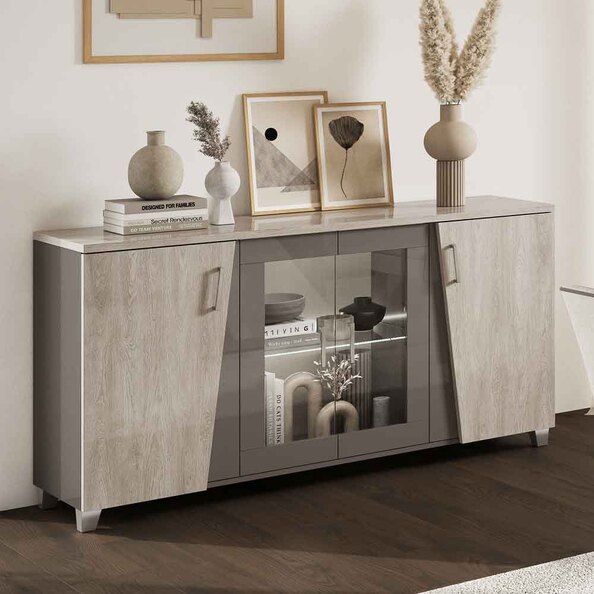 Marvix Grey Small High Gloss Sideboard with LED Lighting and 4 Doors