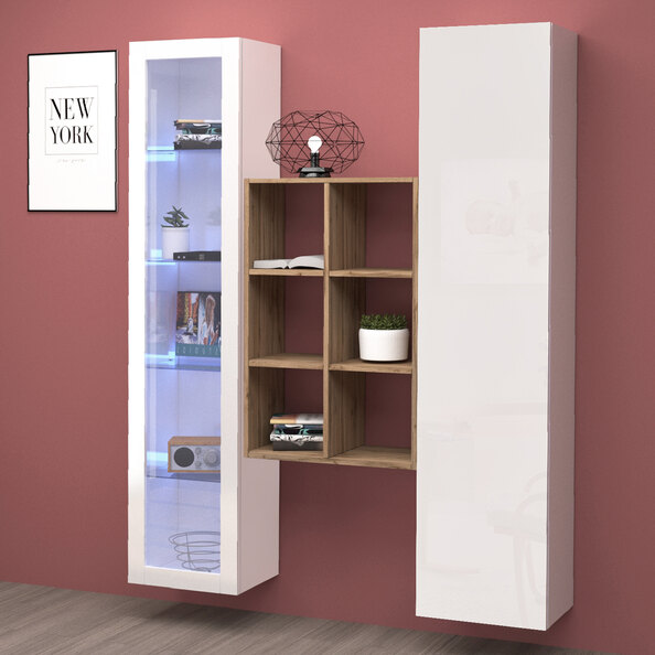 Marysville White Glossy LED Display Cabinet With 2 Doors And 9 Shelves In Oak