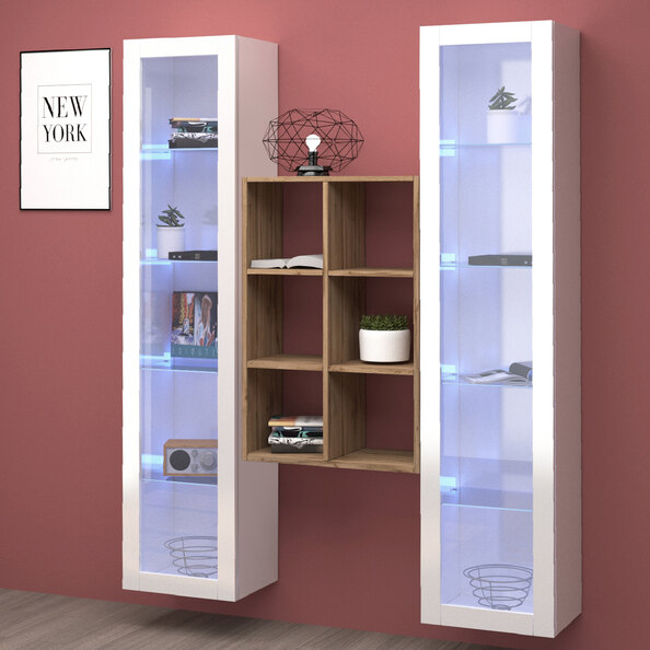 Marysville White Glossy LED Display Cabinet With 2 Glass Doors And 9 Shelves In Oak