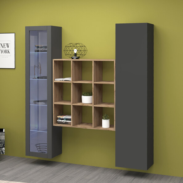 Marysville Wooden LED Display Cabinet With 2 Doors And 9 Shelves In Anthracite Oak