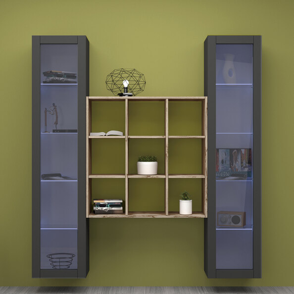 Marysville Wooden LED Display Cabinet With 2 Glass Doors And 9 Shelves In Anthracite