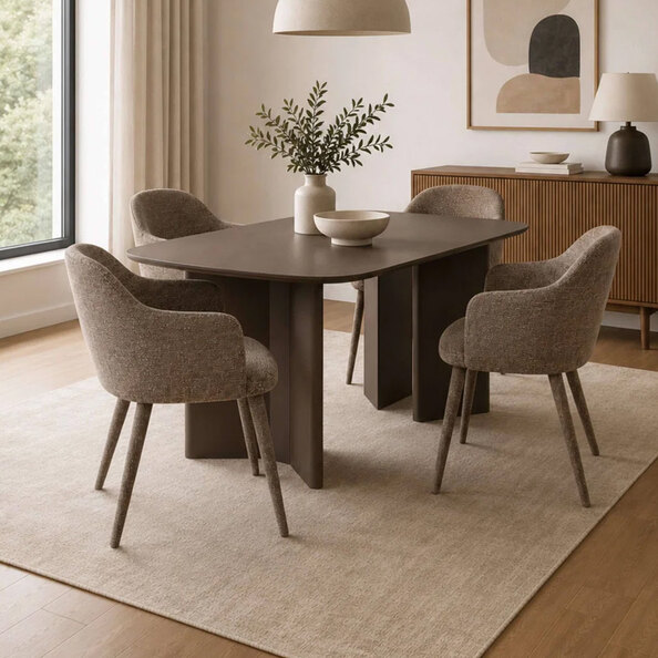 Marzio Matt Chocolate Wooden Dining Table with 4 Hovion Hazel Fabric Chair