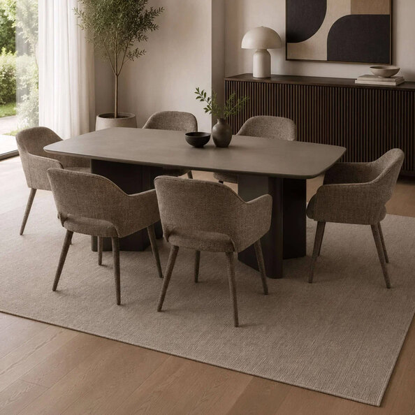 Marzio Matt Chocolate Wooden Dining Table with 6 Hovion Hazel Fabric Chair