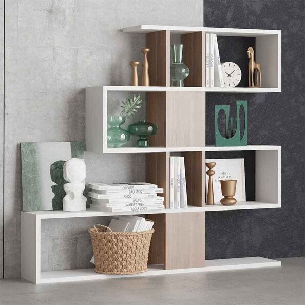 Mavero Wooden Shelving Unit with 10 Shelves in White and Walnut